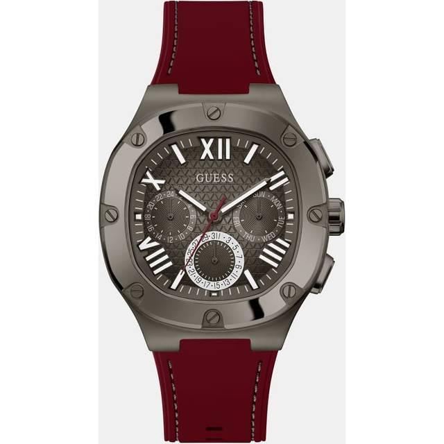 Guess 42 mm klocka för män – svart rem kanonmetall urtavla silverton fodral, Röd/kanonmetall/kanonmetall, Klassisk