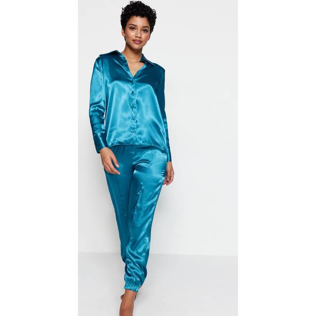TRENDYOL Dam enfärgade medellång tyg skjorta byxor pyjamas pyjamas set (2-pack), Mörkgrön, 40