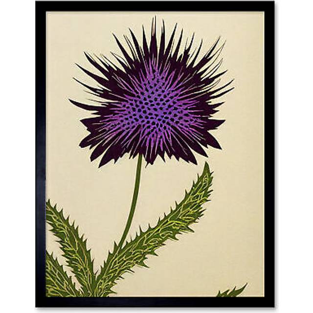 Wall Art Print Stylized Modern Purple Scottish Thistle Flower Art Framed - Black - W12 inch x H16 inch