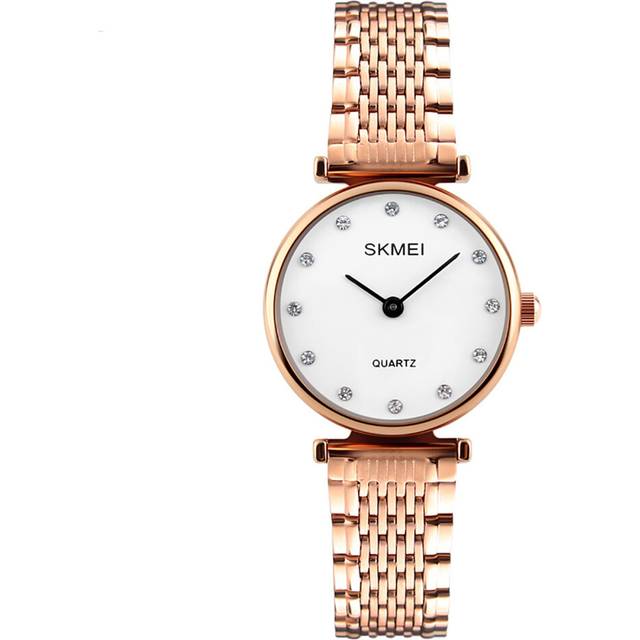 (Gold/White) Skmei Women's Watch Rose Gold Or Silver Intricate Link Strap Mesh Style Classic Crystal Stones SK1223
