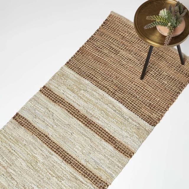 Homescapes Brown Recycled Stripe Leather Rug, 66 x 200 cm