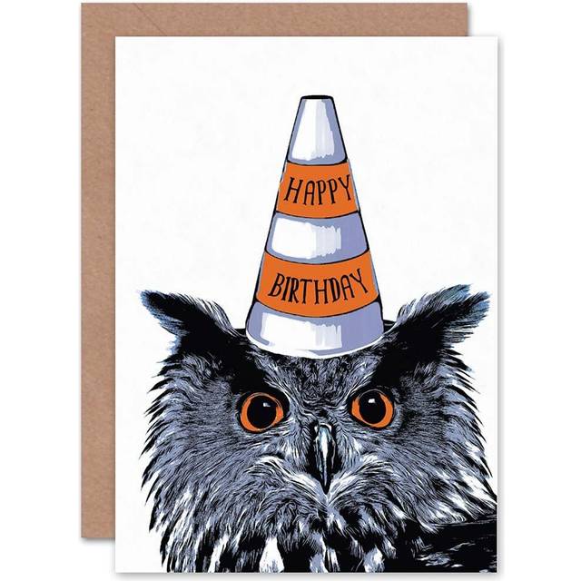 Owl Traffic Cone Hat Fun Happy Birthday Blank Greeting Card With Envelope