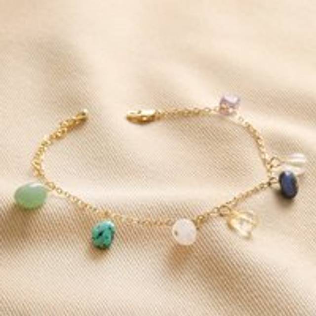 Semi-Precious Healing Stones Charm Bracelet in Gold - gold/green/pink - one size