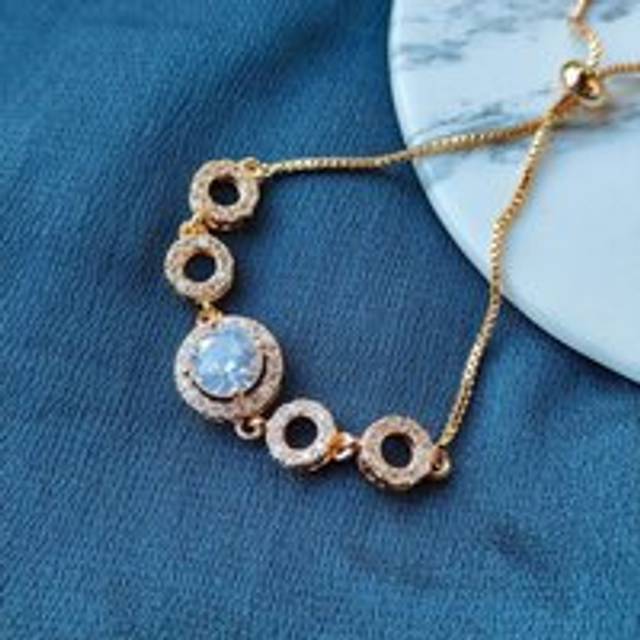 Large Round Zircon Adjustable Slider Bead Indian Bracelet - Gold - One Size