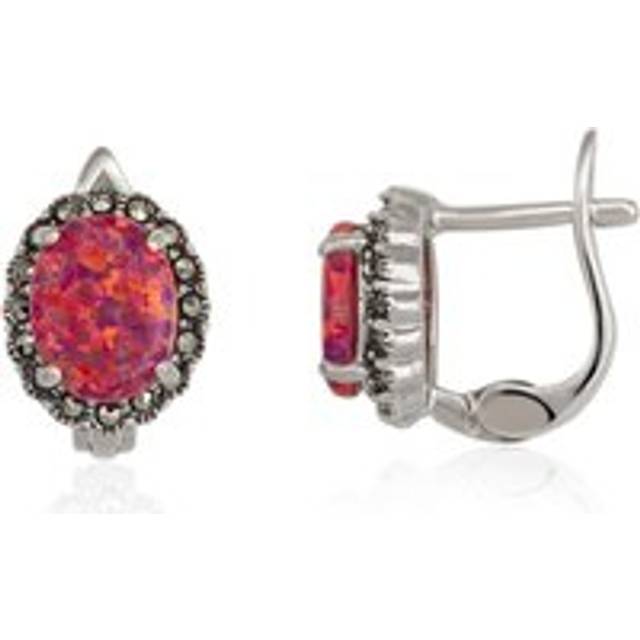 Womens Oval Red Opal High Quality Sterling Silver Earrings - Grey - One Size