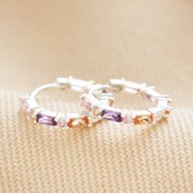 Pastel Baguette Crystal Huggie Hoop Earrings in Silver - silver/purple/pink - one size