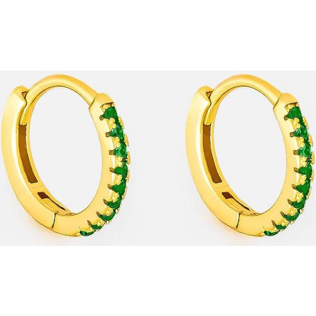 Womens 18k Gold Small Hoop Earrings With Emerald Green Stones - Metallics - One Size