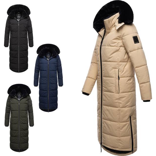 Navahoo Damvinterkappa (XS-XXL) – avtagbar huva och päls, teddypäls inuti, lång vinterjacka, varm jacka kvinnor B990., svart, M