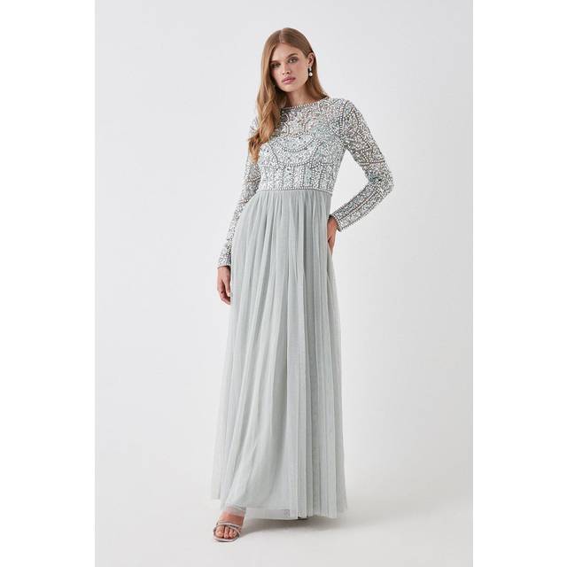 Floral Pearl Long Sleeve Two In One Bridesmaid Dress - Sage - 10