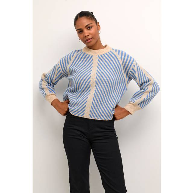 KAFFE Vera Chevron Stripe Wool Blend Jumper, Beige/Cornflower