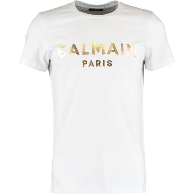 Balmain Mens Paris Gold Branded Logo White T-Shirt Cotton - Size Small