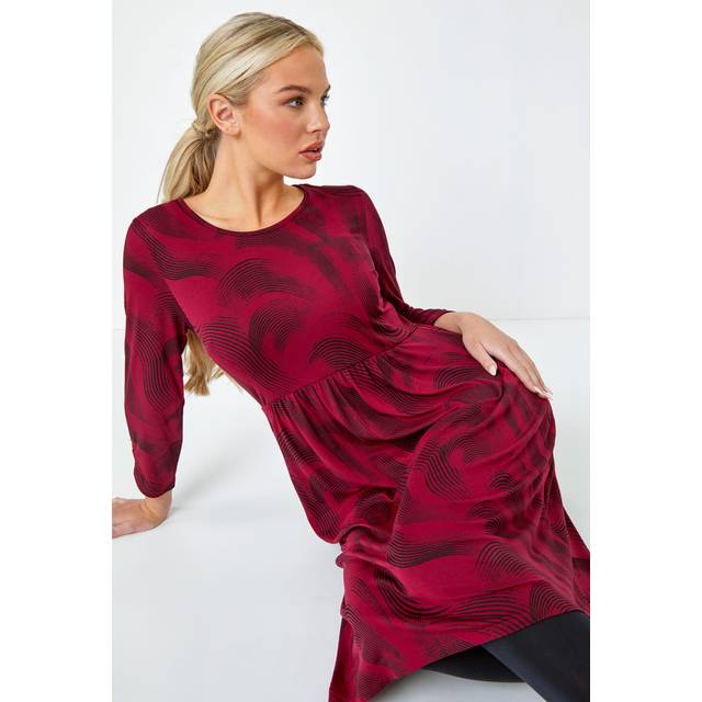 Roman Petite Womens Swirl Print Pocket Stretch Dress - Wine - Size 12 UK