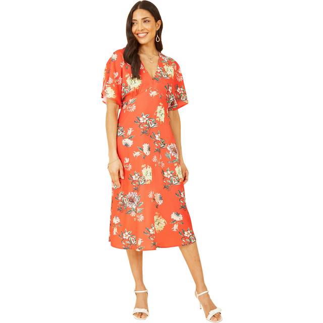 Yumi Womens Red Floral Kimono Midi Dress Viscose - Size 8 UK