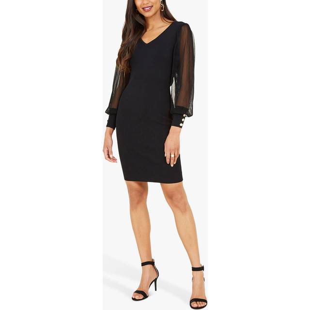 Yumi Womens Black Knitted Body Con Dress With Chiffon Viscose - Size Large