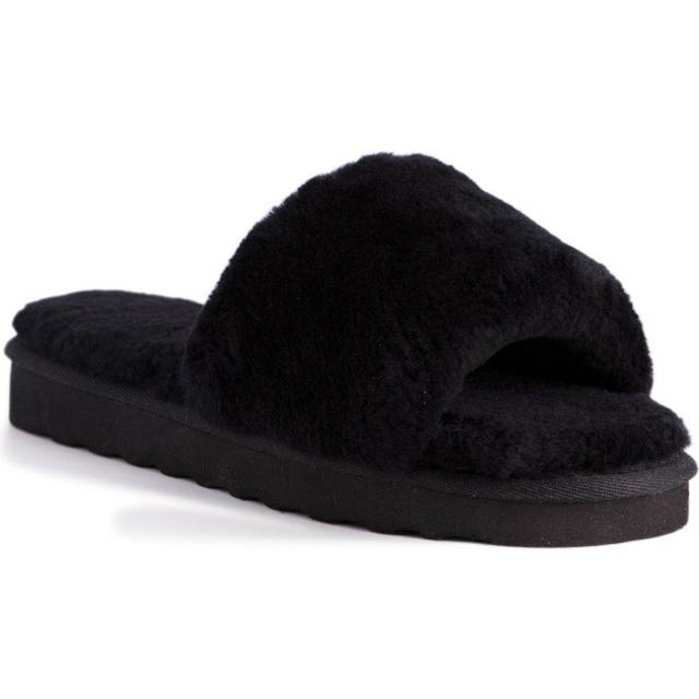 Aus Wooli Australia Womens Sheepskin Fluff Slide Slippers Black Leather - Size UK 6