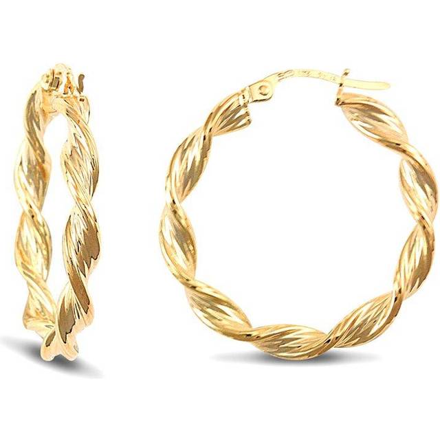 Jewelco London Ladies 9ct Yellow Gold Barked Platted Candy Twist 3.5mm Hoop Earrings 27mm - JER151