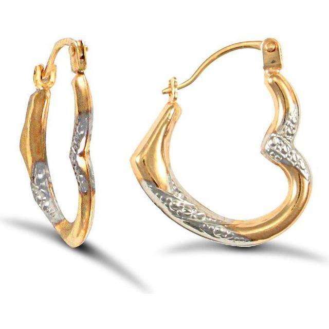 Jewelco London Ladies 9ct Yellow and White Gold Sparkling Heart Creole Earrings - JER732