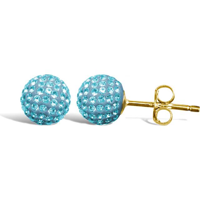Jewelco London Ladies 9ct Yellow Gold Aqua Blue Round Crystal Disco Ball Stud Earrings, 8mm - JES211