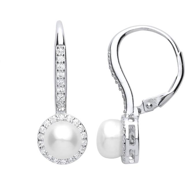 Jewelco London Ladies Sterling Silver Cubic Zirconia & Simulated Pearl Eternity Halo Drop Earrings 9mm - GVE663