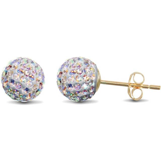 Jewelco London Ladies 9ct Yellow Gold Rainbow Round Crystal Disco Ball Stud Earrings, 8mm - JES223