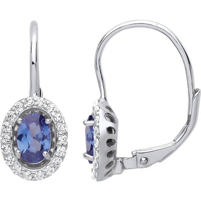 Jewelco London Ladies Sterling Silver Sapphire-Blue Oval Cubic Zirconia Solitaire Halo Drop Earrings - GVE815CP