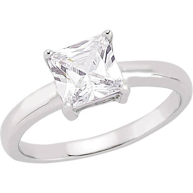 (P) Jewelco London Ladies Rhodium Plated Sterling Silver Square Cubic Zirconia 4 Claw Solitaire Engagement Ring