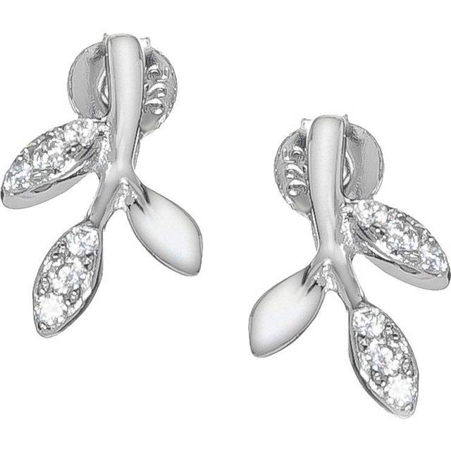 Jewelco London Rhodium Plated Sterling Silver White Cubic Zirconia Olive Branch Stud Earrings - RE42004