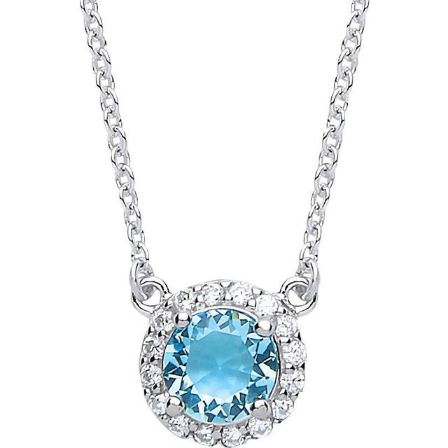 Jewelco London Ladies Sterling Silver Aqua Cubic Zirconia Solitaire Halo Charm Necklace 15 + 2 inch - GVK158AQUA