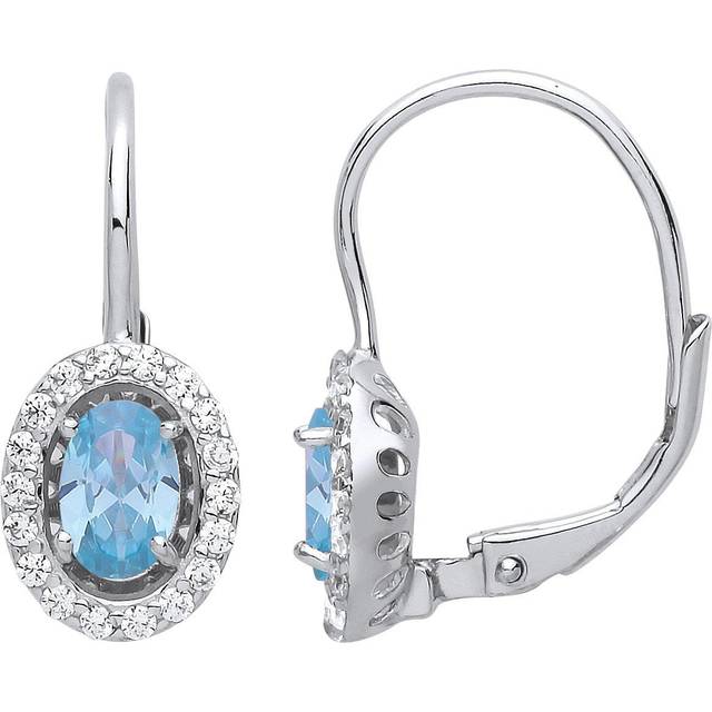 Jewelco London Ladies Sterling Silver Light Blue Oval Cubic Zirconia Solitaire Halo Drop Earrings - GVE815AQ