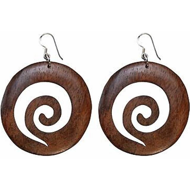 Wood earrings large round disc spiral 925 sterling silver hooks - 81stgeneration