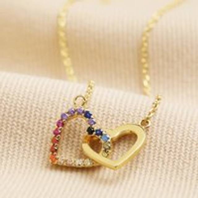 Interlocking Rainbow Crystal Hearts Necklace in Gold - gold/clear/blue - one size