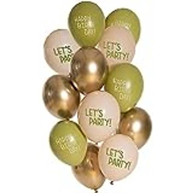 Gold Olive Ivory Happy Birthday Balloons | Green Lets Party Decorations x 12