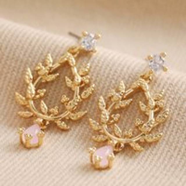 Pink Stone and Crystal Fern Drop Earrings in Gold - gold/pink/clear - one size