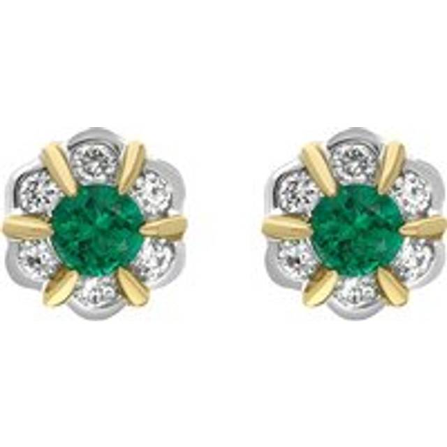 18ct White and Yellow Gold Emerald Diamond Flower Cluster Stud Earrings - White Gold