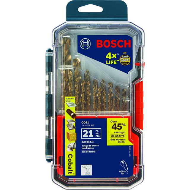 BOSCH CO21 21-Piece Assorted Set with Included Case Cobalt Metal Drill Bit with Three-Flat Shank for Drilling Applications in Stainless Steel  Cast Ir