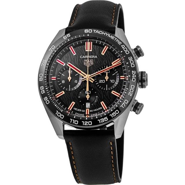 TAG Heuer Carrera Chronograph Year of the Rabbit 44mm Watch - Black Dial - Rose Gold Plated Indexes - Black Leather Strap - Steel Case