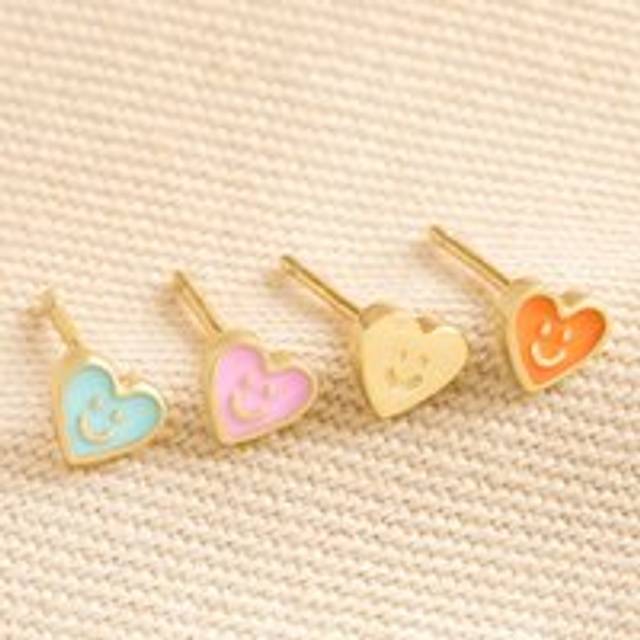 Set of 4 Mismatched Heart Face Stud Earrings in Gold - gold/pink/blue - one size