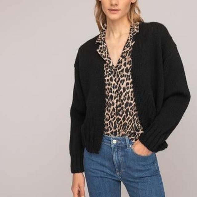 Chunky Knit Open Cardigan - Black - L