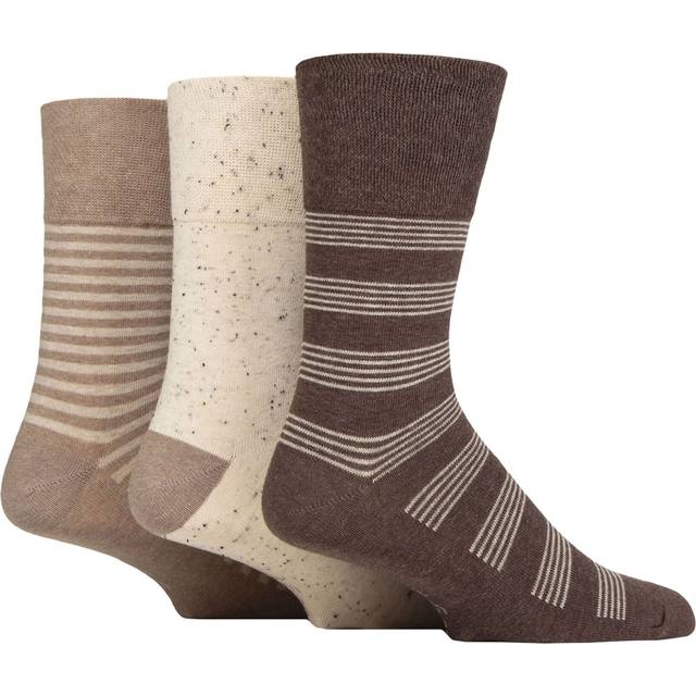 Mens 3 Pair SOCKSHOP Gentle Grip Cotton Holiday Socks Mid Brown / Cream Stripe 6-11