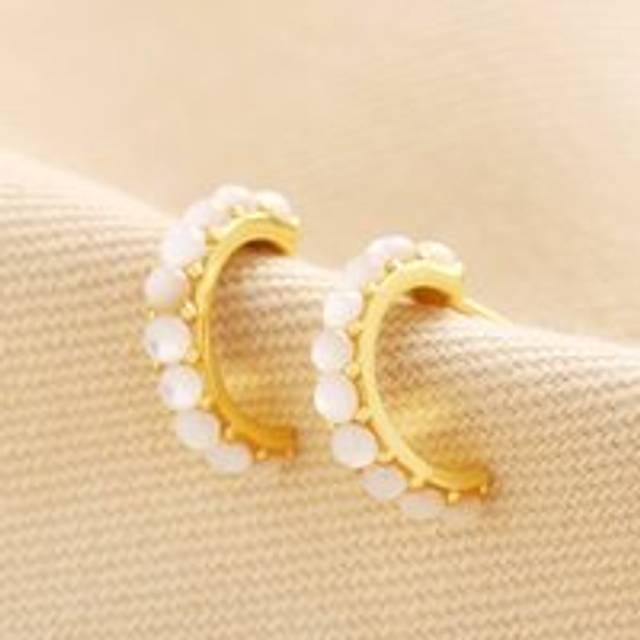 Gold Sterling Silver Mother of Pearl Huggie Hoop Earrings - gold/white - one size