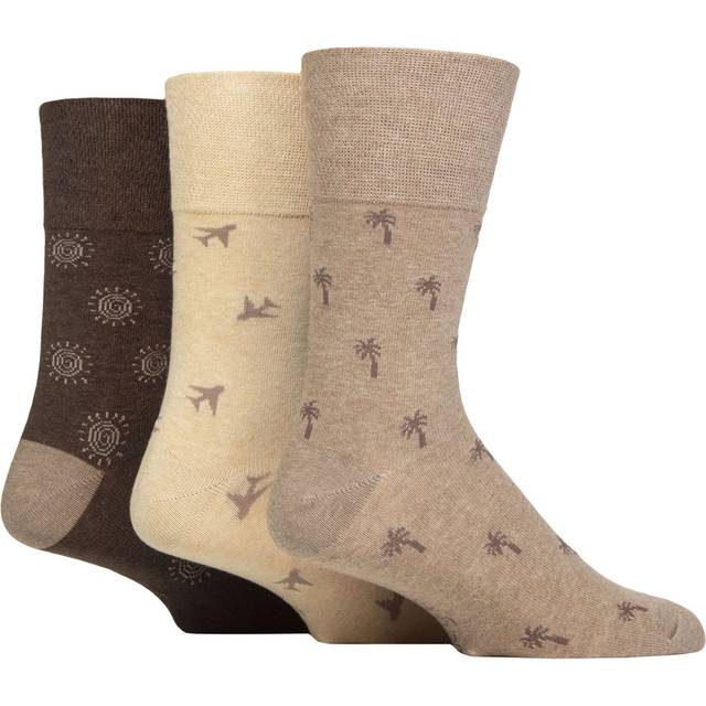 Mens 3 Pair SOCKSHOP Gentle Grip Cotton Holiday Socks Palm Tree / Plane / Sun 6-11 - Multi Coloured