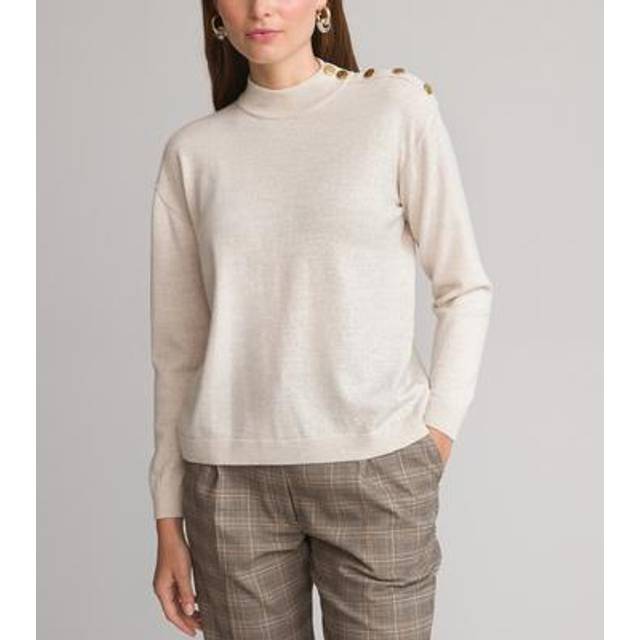 Wool Blend Jumper in Fine Knit with High Neck - Cream - 14/16