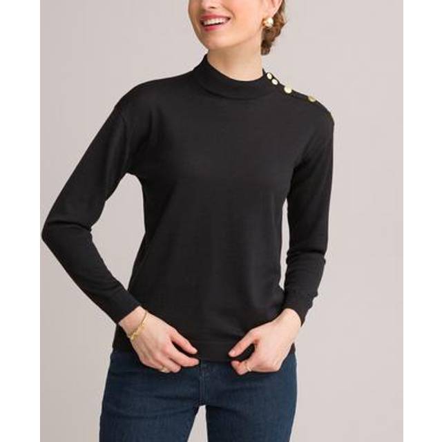 Wool Blend Jumper in Fine Knit with High Neck - Black - 18/20