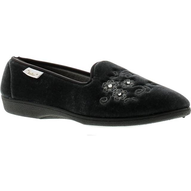 Dr Keller Womens Velour Upper Full Slipper With Soft Satin Lining Emroidered Flower Detail To The Vamp Textile - Grey - Size 4 (UK Shoe)