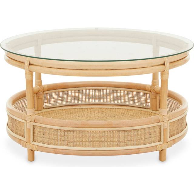 Elegant Rattan Coffee Table With Glass Top, Round Cane Furniture, Sturdy Outdoor Table, Stable Coffee Table - Natural - One Size