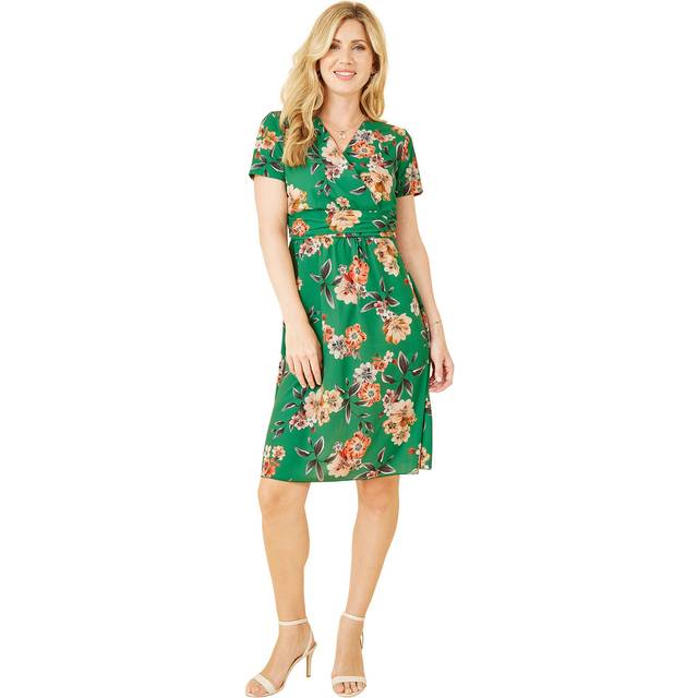 Yumi Womens Green Floral Ruched Waist Dress - Size 10 UK