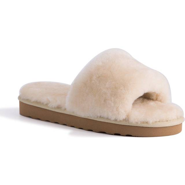 Sheepskin Fluff Slide Slippers - Tan - 4