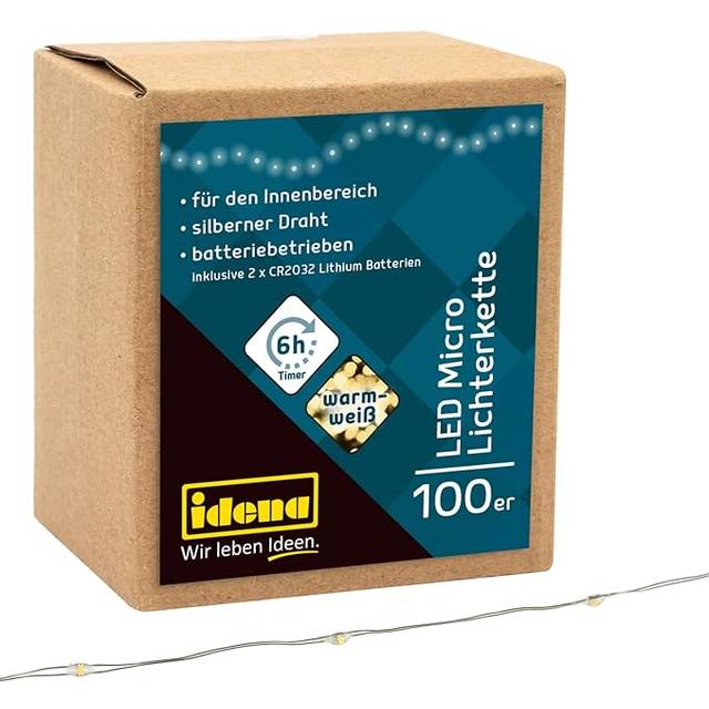 Idena 30185 – LED-ljuskedja med 100 lysdioder i varmvitt, med 6 timmars timerfunktion, batteridriven, ca 10,2 m lång, för fester, jul, dekoration, bröllop, som stämningsljus