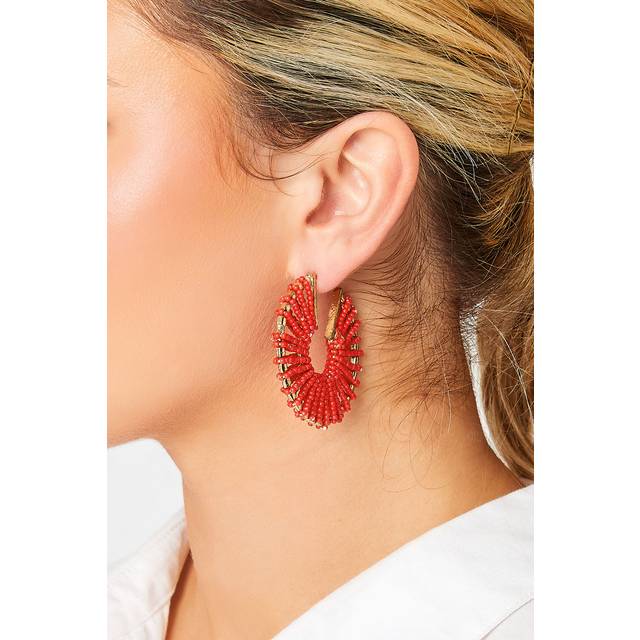 Gold Tone & Red Seed Bead Hoop Earrings - One Size