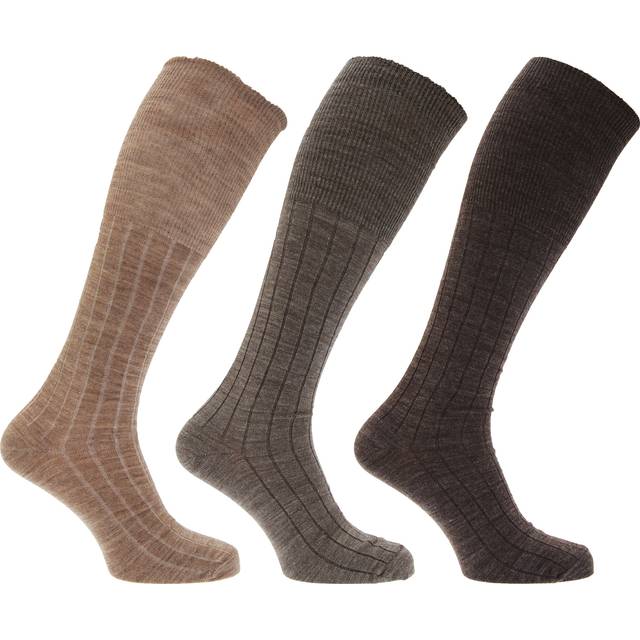 (UK 6-11 EURO 39-45, Brown Assorted) Mens Long Length Ribbed Lambswool Blend Socks (Pack Of 3)